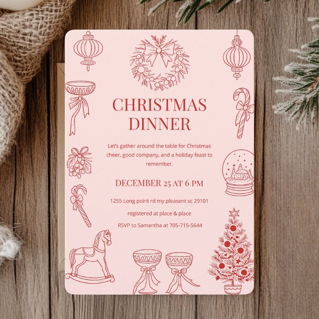 Elegant Red on Blush Pink Christmas Dinner Invitation (Creator Uploaded)