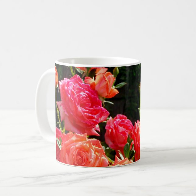 Elegant red orange coral roses rose garden coffee mug (Front Left)
