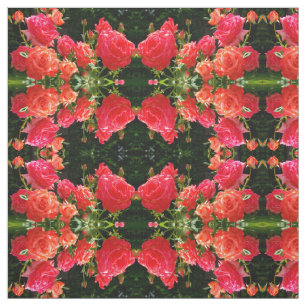 Elegant red orange coral roses rose garden fabric