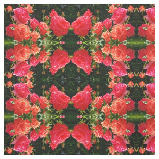Elegant red orange coral roses rose garden fabric