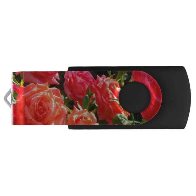 Elegant red orange coral roses rose garden flash drive (Back)