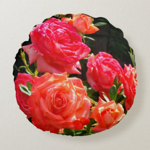 Elegant red orange coral roses rose garden round pillow