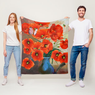 Elegant Red Orange Poppies Flower Fleece Blanket