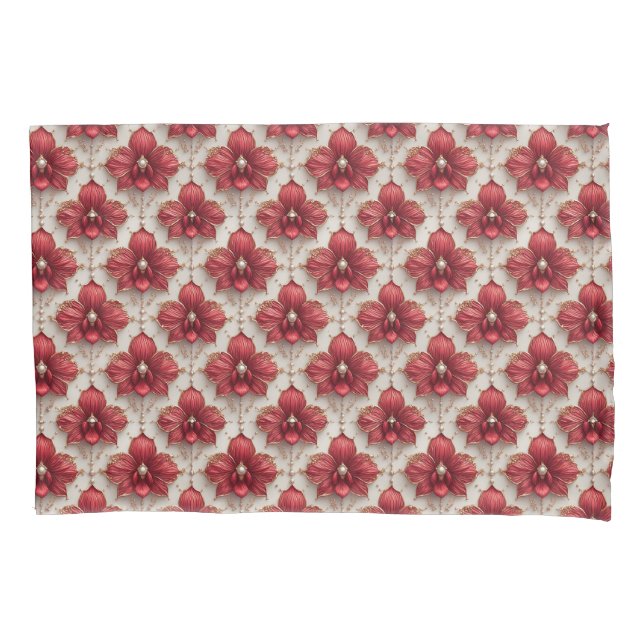 Elegant Red Orchid Pattern With Pearl Beads Pillow Case (Front)