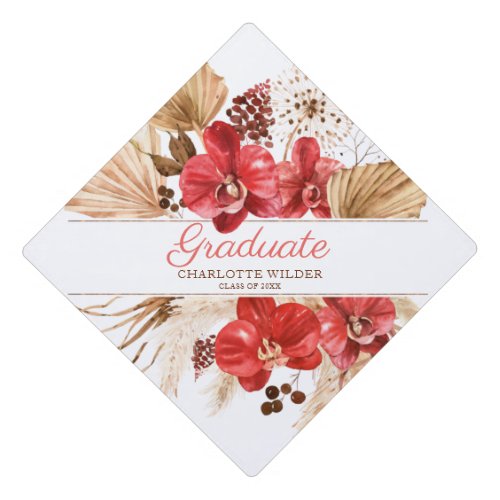 Elegant Red Orchids Pampas Grass Dried Flowers Graduation Cap Topper