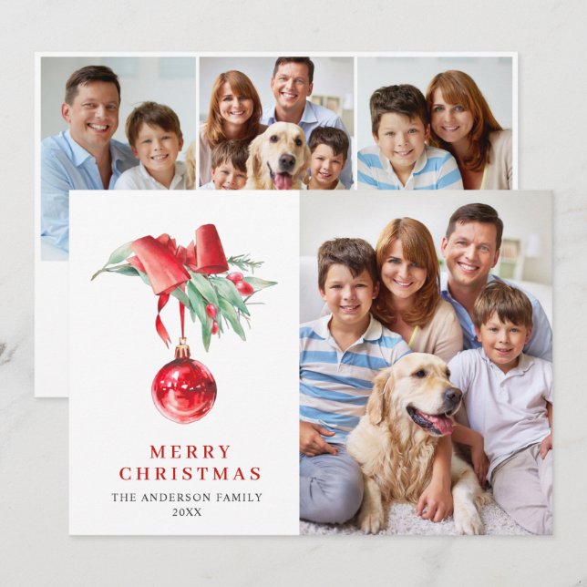 Elegant Red Ornament Christmas Greeting 4 PHOTO Holiday Card (Front/Back)