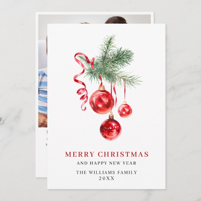 Elegant Red Ornament Christmas Greeting PHOTO Holiday Card (Front/Back)