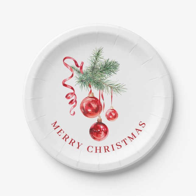Elegant Red Ornament Christmas Holiday Party Paper Plates (Front)