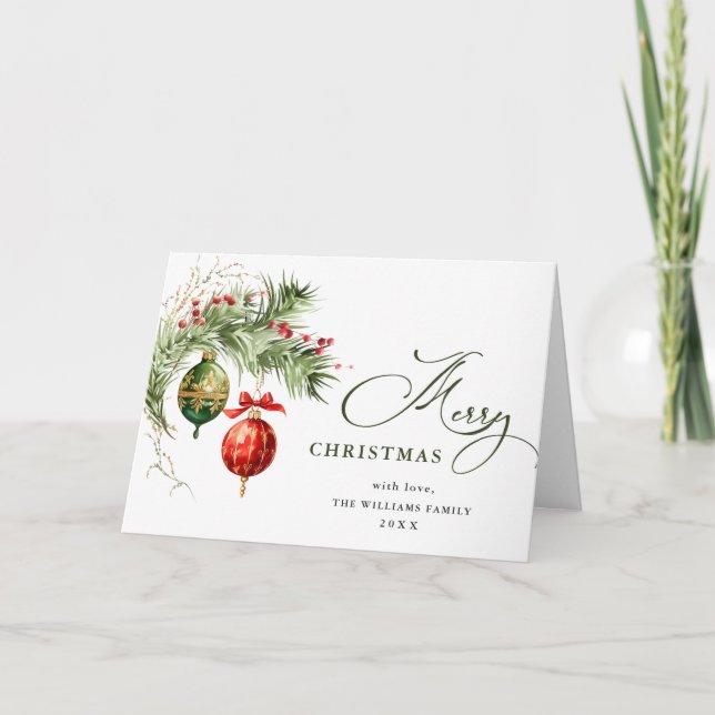 Elegant Red Ornament Merry Christmas Greeting Holiday Card (Front)