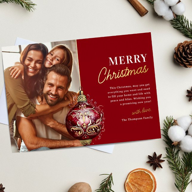 Elegant Red Ornament Photo Christmas Foil Holiday Card (Creator Uploaded)