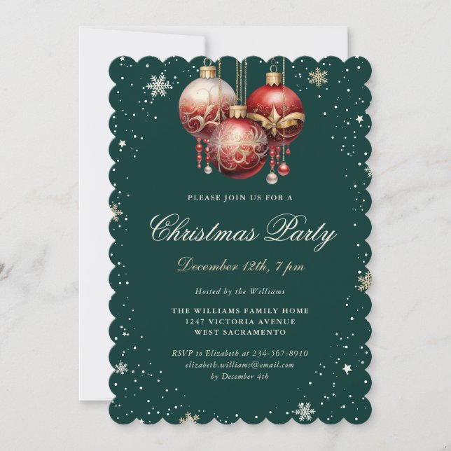Elegant Red Ornaments Green Gold Christmas Party Invitation (Front)