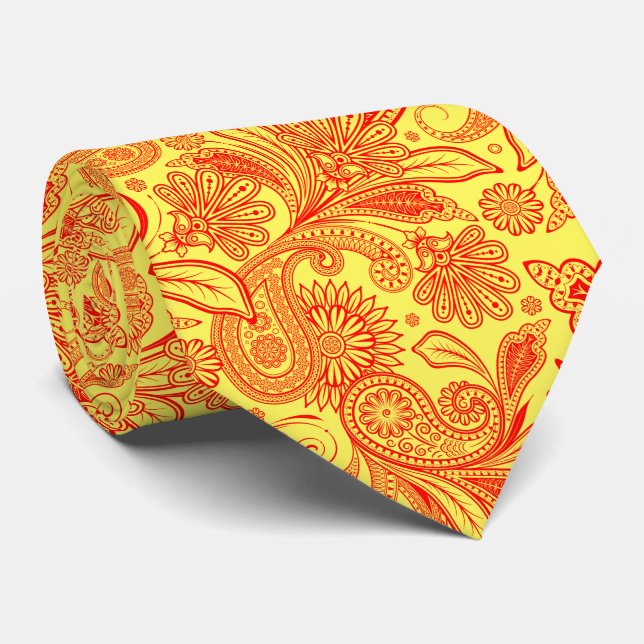 Elegant Red Paisley On Custom Yellow Background Neck Tie (Rolled)