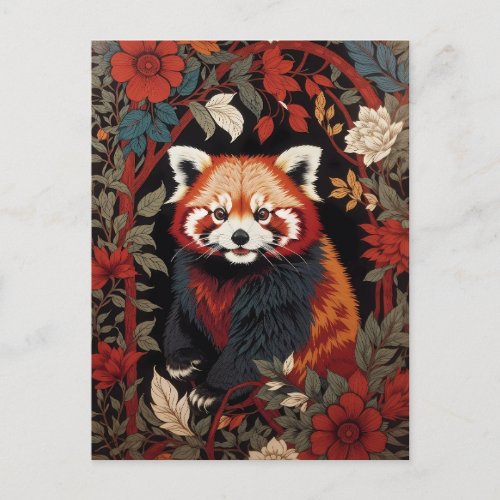 Elegant Red Panda William Morris Inspired Floral Postcard