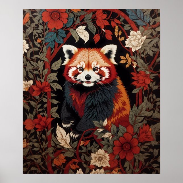 Elegant Red Panda William Morris Inspired Floral Poster (Front)