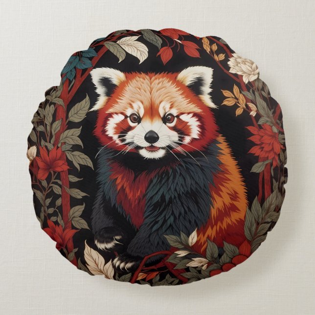 Elegant Red Panda William Morris Inspired Floral Round Pillow (Front)