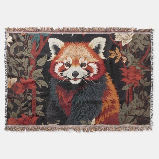 Elegant Red Panda William Morris Inspired Floral Throw Blanket (Front)