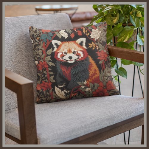 Elegant Red Panda William Morris Inspired Floral Throw Pillow