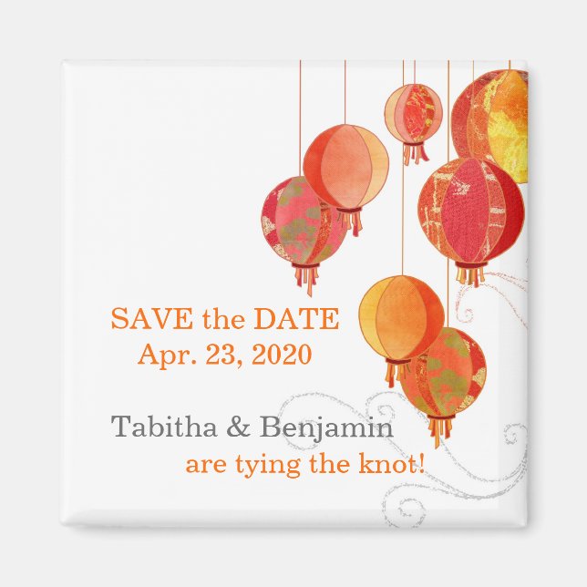 Elegant Red Paper Lanterns Wedding Save the Date Magnet (Front)