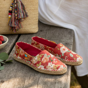 Elegant Red Peach Floral Gold Accents Espadrilles