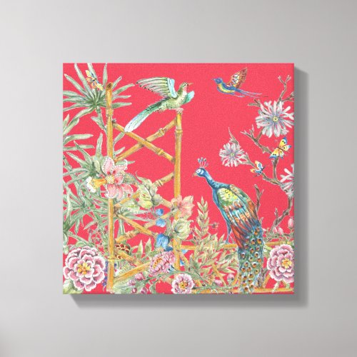 Elegant Red Peacock Oriental Floral Chinoiserie Canvas Print