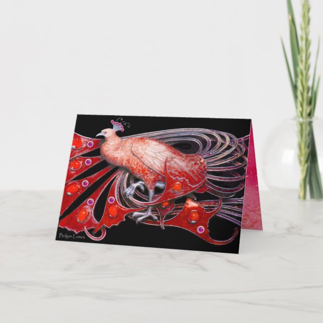 ELEGANT RED PEACOCK WITH GEM STONES HOLIDAY CARD (Front)