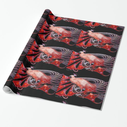 ELEGANT RED PEACOCK WITH GEM STONES WRAPPING PAPER