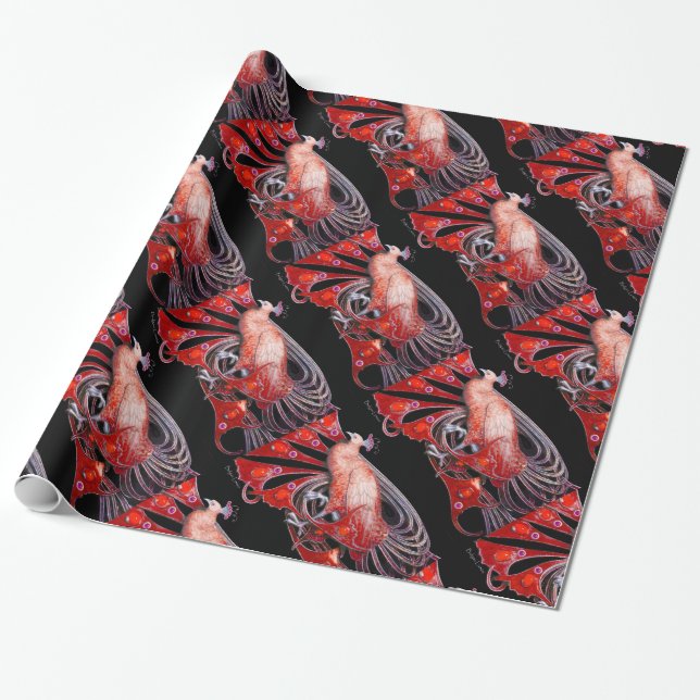 ELEGANT RED PEACOCK WITH GEM STONES WRAPPING PAPER (Unrolled)