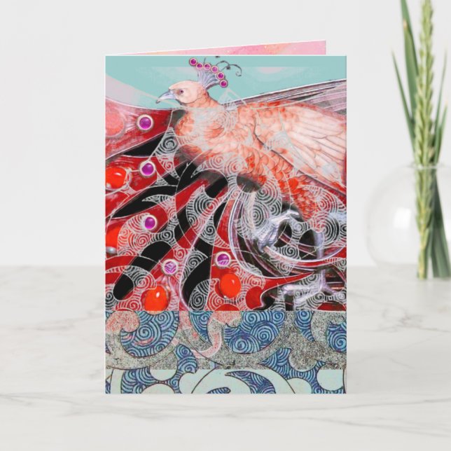 ELEGANT RED PEACOCK WITH GEOMETRIC SWIRLS HOLIDAY CARD (Front)