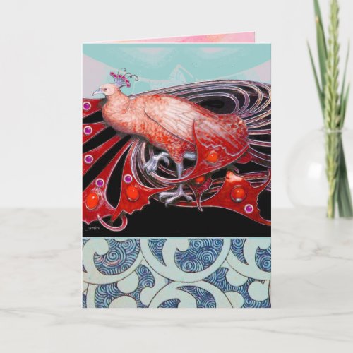 ELEGANT RED PEACOCK WITH GEOMETRIC SWIRLS HOLIDAY CARD