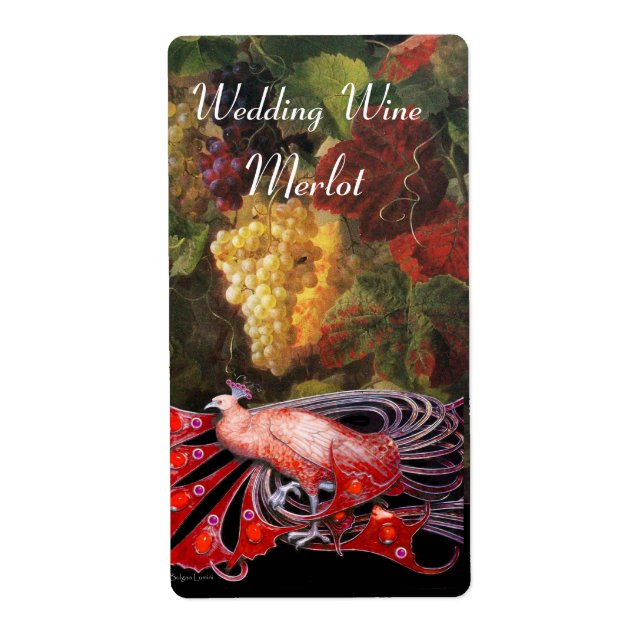 ELEGANT RED PEACOCK WITH GRAPES WEDDING WINE LABEL (Front)