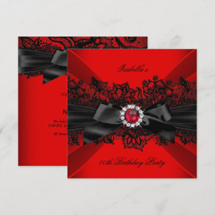 Elegant Red Pearl Black Lace Bow Birthday Party Invitation