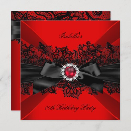 Elegant Red Pearl Black Lace Bow Birthday Party Invitation