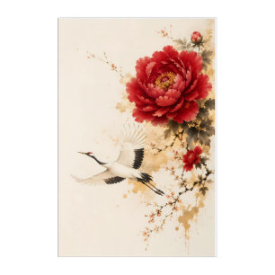 Elegant Red Peony and Crane Chinese Ink Painting Acrylic Print