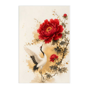 Elegant Red Peony and Crane Chinese Ink Painting Acrylic Print