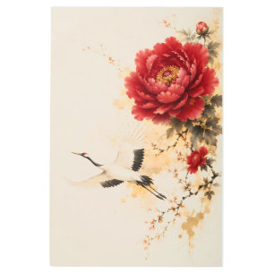 Elegant Red Peony and Crane Chinese Ink Painting Metal Print