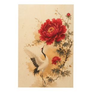 Elegant Red Peony and Crane Chinese Ink Painting Wood Wall Art