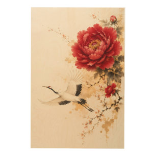 Elegant Red Peony and Crane Chinese Ink Painting Wood Wall Art