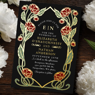Elegant Red Peony Art Nouveau Floral Wedding Foil Invitation