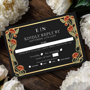 Elegant Red Peony Art Nouveau Floral Wedding RSVP Card