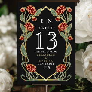 Elegant Red Peony Art Nouveau Floral Wedding Table Number