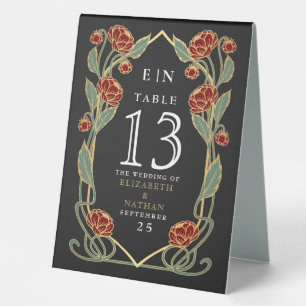Elegant Red Peony Art Nouveau Floral Wedding Table Tent