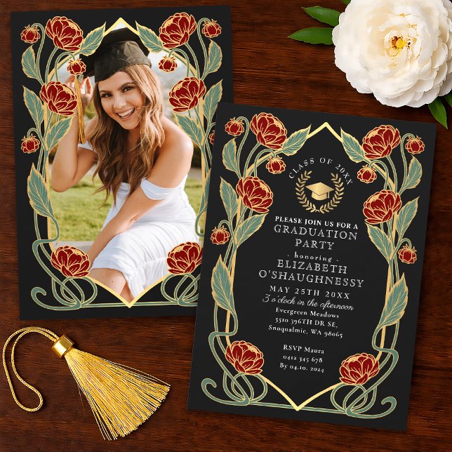 Elegant Red Peony Art Nouveau Graduation Party Invitation (Creator Uploaded)
