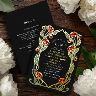 Elegant Red Peony Art Nouveau Wedding All in One Foil Invitation