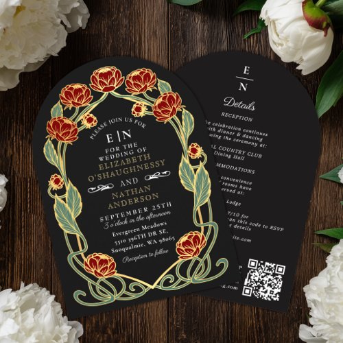 Elegant Red Peony Art Nouveau Wedding Arch QR  Invitation