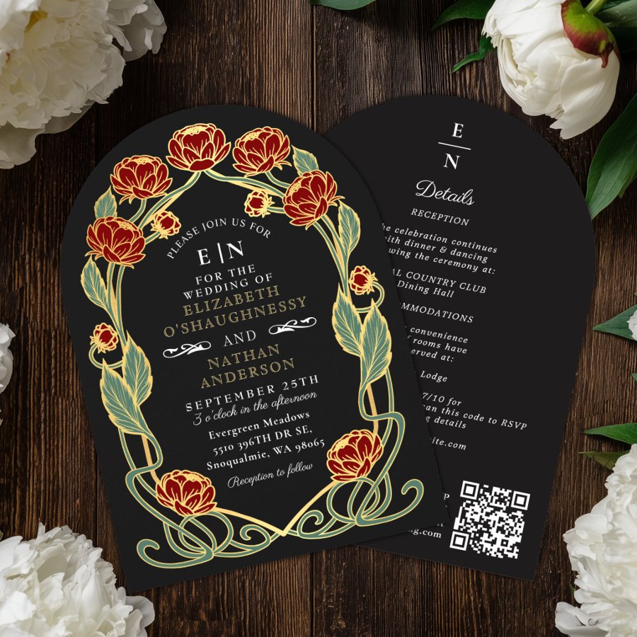 Elegant Red Peony Art Nouveau Wedding Arch QR  Invitation