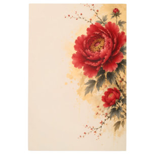 Elegant Red Peony Chinese Ink Painting Metal Print