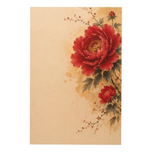 Elegant Red Peony Chinese Ink Painting Wood Wall Art