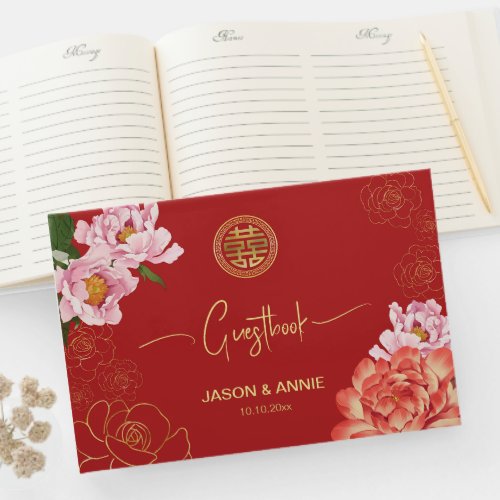 Elegant Red Peony Chinese Wedding Welcome Guest Book