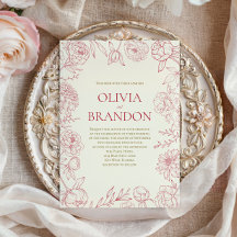 Elegant Red Peony Floral Border Line Art Wedding