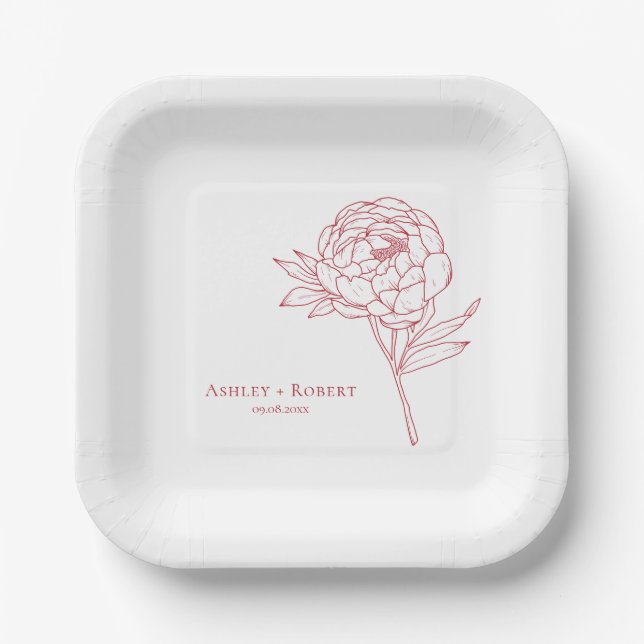 Elegant Red Peony Flower Modern Wedding Paper Plates (Front)